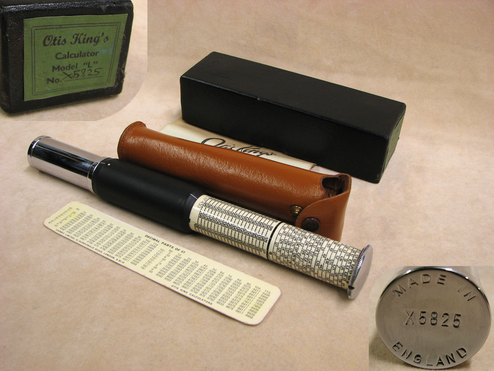 1960's Otis King Model L type C leather cased cylindrical slide rule calculator